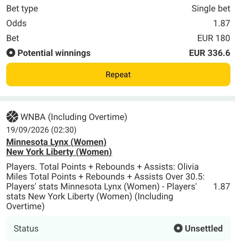 Bet slip for Minnesota Lynx vs New York Liberty