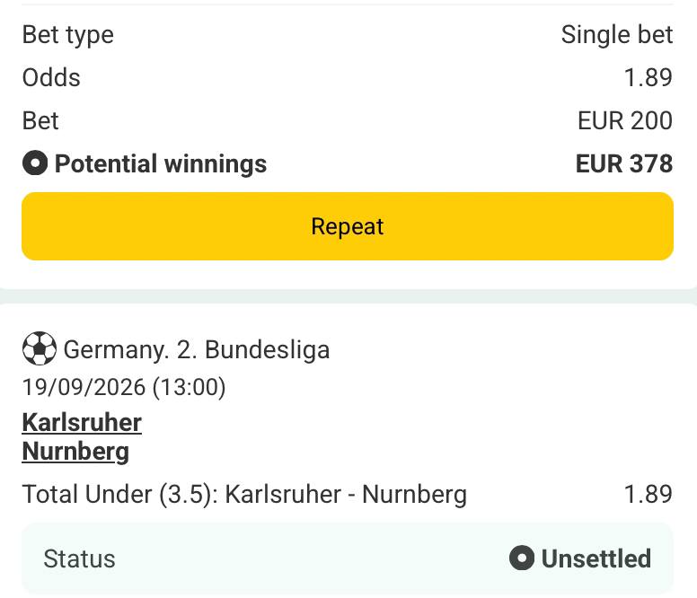 Bet slip for Karlsruher vs Nurnberg