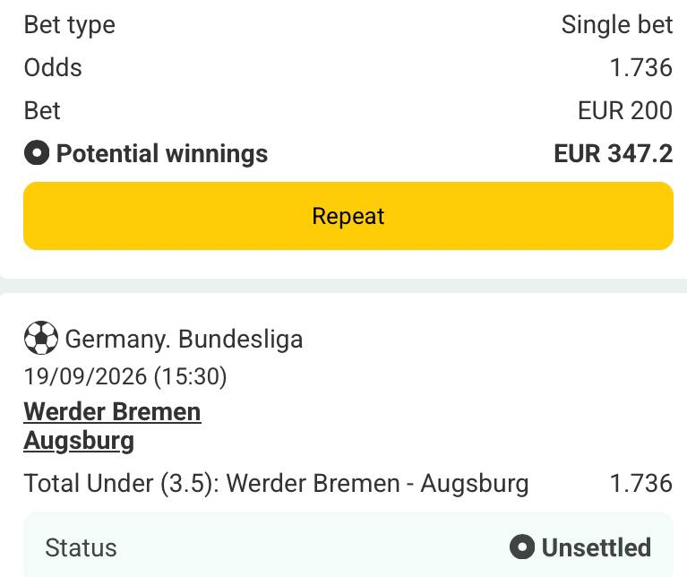 Bet slip for Werder Bremen vs Augsburg