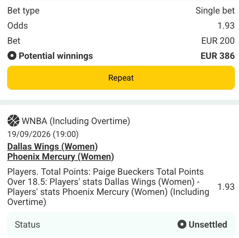 Bet slip for Dallas Wings vs Phoenix Mercury