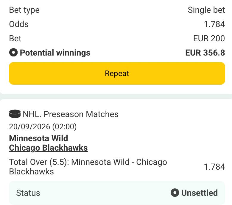 Bet slip for Minnesota Wild vs Chicago Blackhawks