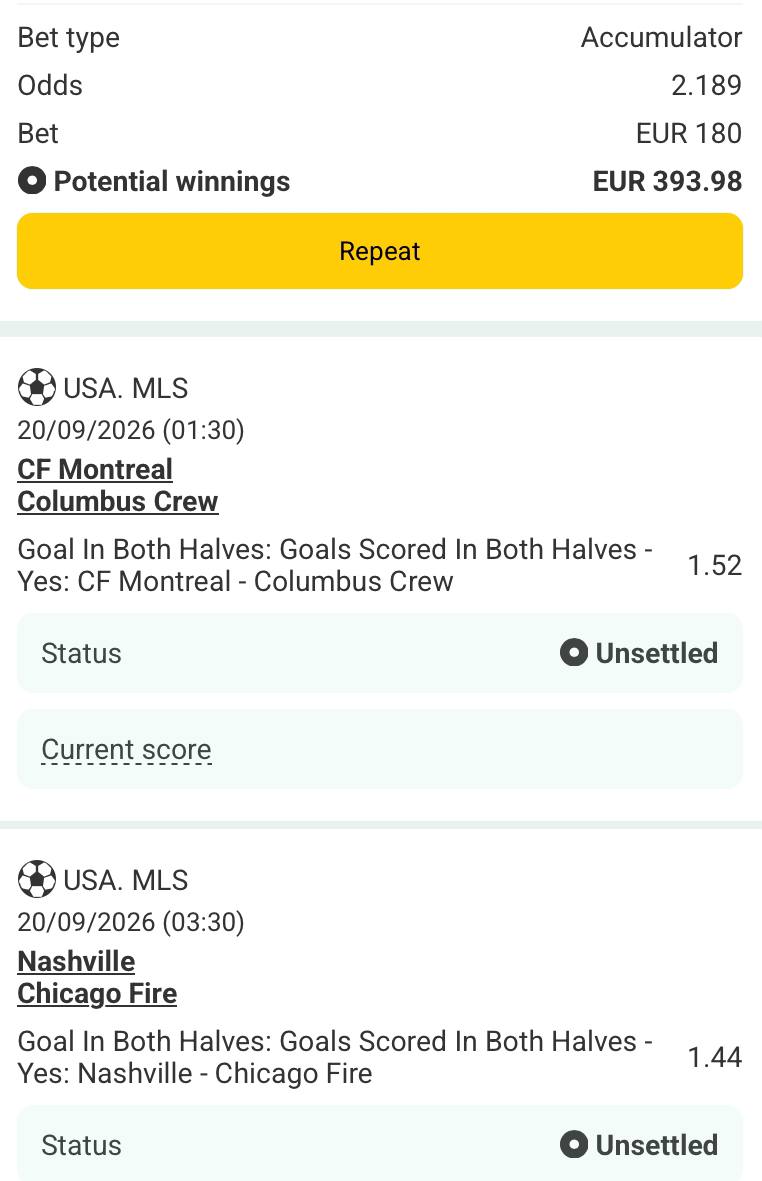 Bet slip for CF Montreal vs Columbus Crew / Nashville vs Chicago Fire