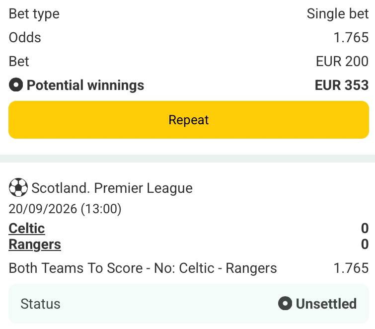 Bet slip for Celtic vs Rangers