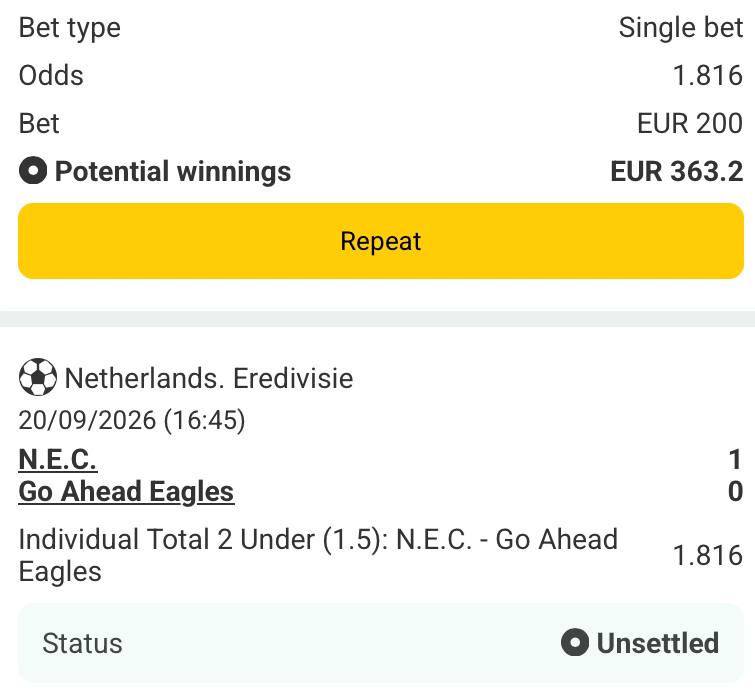 Bet slip for NEC vs Go Ahead Eagles