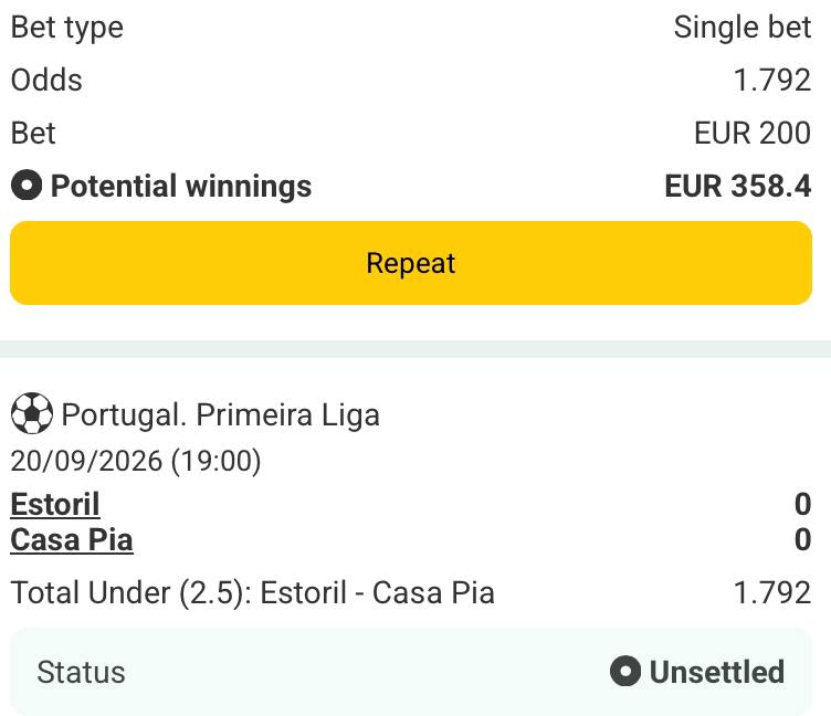 Bet slip for Estoril vs Casa Pia