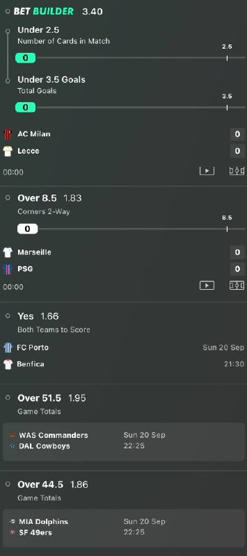 Bet slip for AC Milan vs Lecce / Marseille vs PSG / FC Porto vs Benfica / WAS Commanders vs DAL Cowboys / MIA Dolphins vs SF 49ers