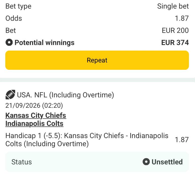 Bet slip for Kansas City Chiefs vs Indianapolis Colts