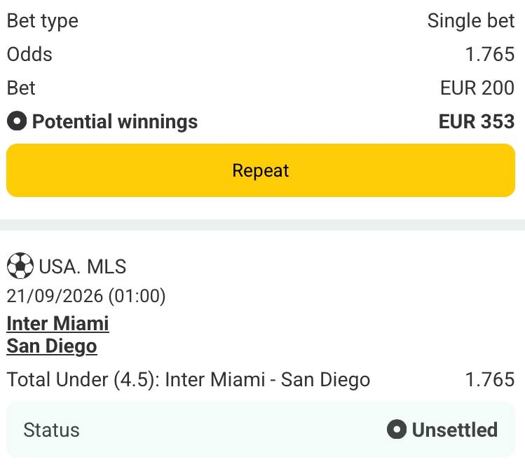 Bet slip for Inter Miami vs San Diego