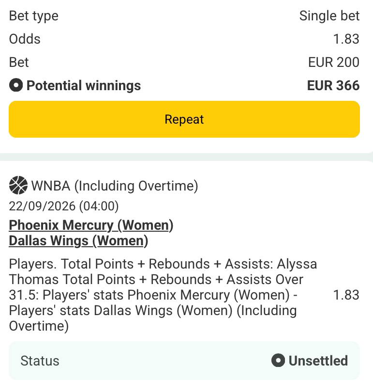 Bet slip for Phoenix Mercury vs Dallas Wings