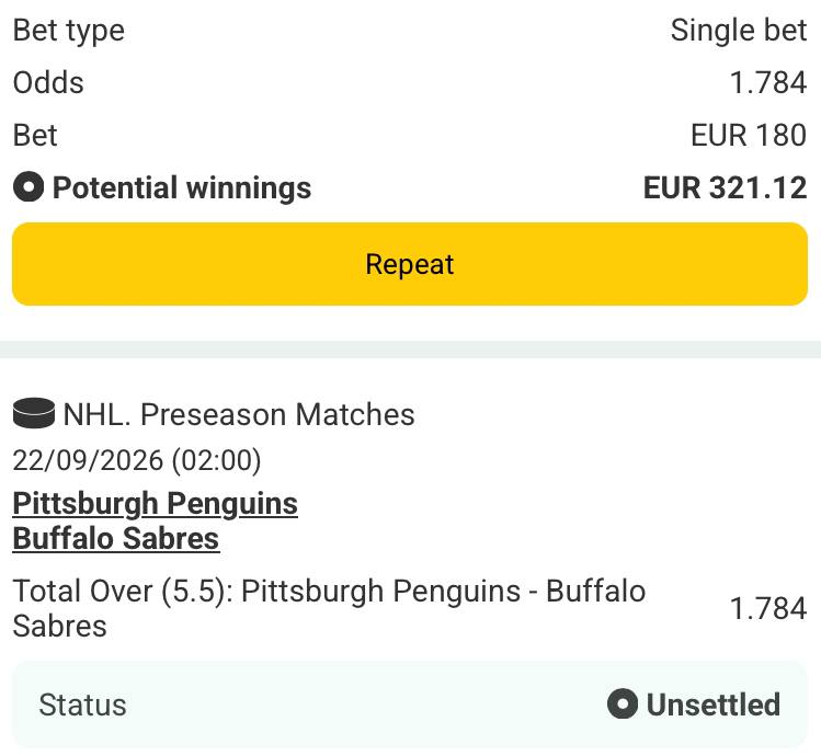 Bet slip for Pittsburgh Penguins vs Buffalo Sabres