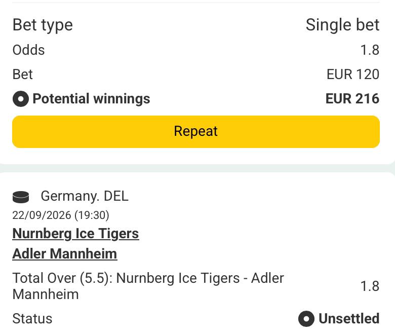Bet slip for Nurnberg Ice Tigers vs Adler