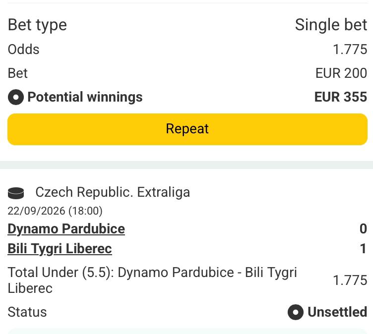 Bet slip for Pardubice vs Liberec