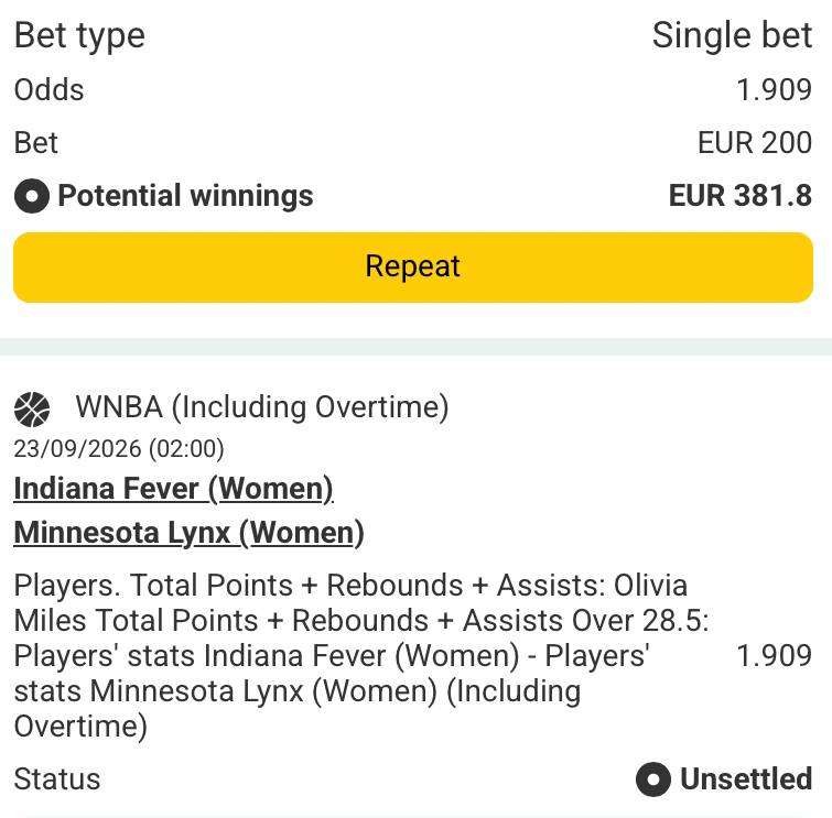 Bet slip for Indiana Fever vs Minnesota Lynx