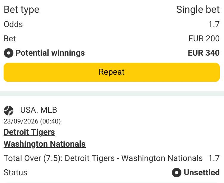 Bet slip for Detroit Tigers vs Washington Nationals