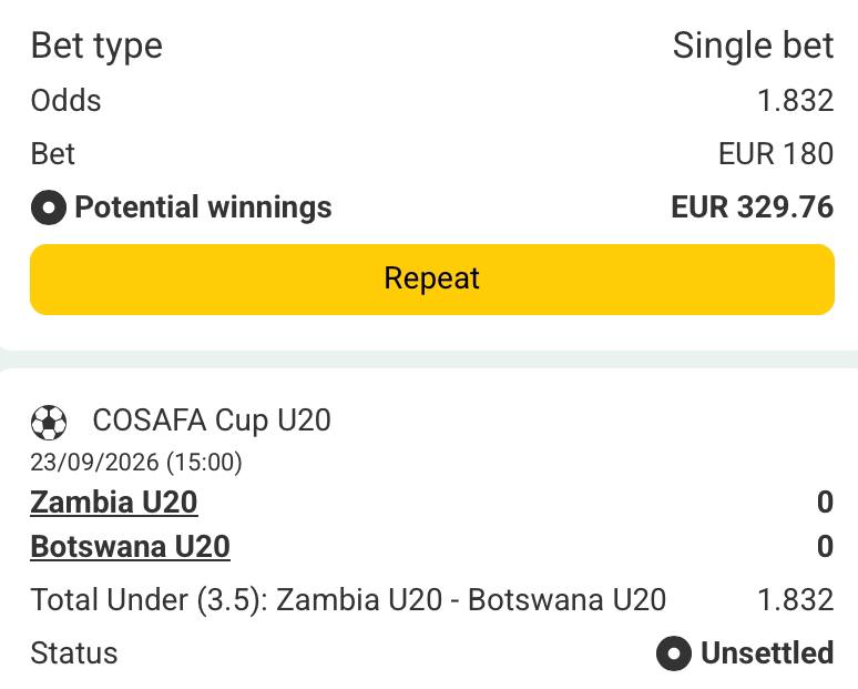 Bet slip for Zambia u20 vs Botswana u20