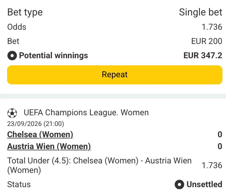 Bet slip for Chelsea W vs Austria Wien W