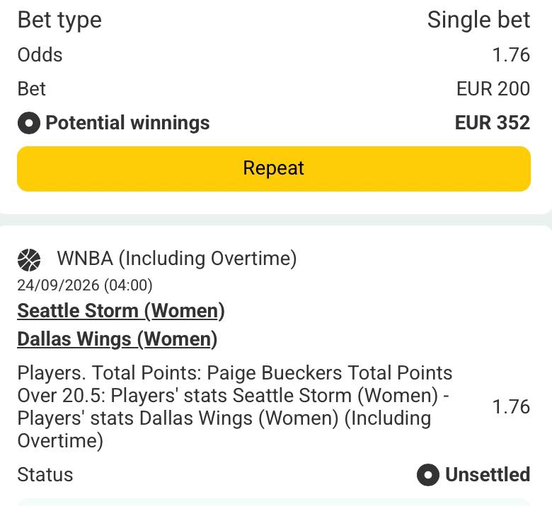 Bet slip for Seattle Storm vs Dallas Wings