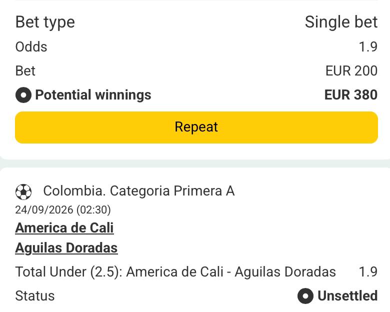 Bet slip for America de Cali vs Aguilas