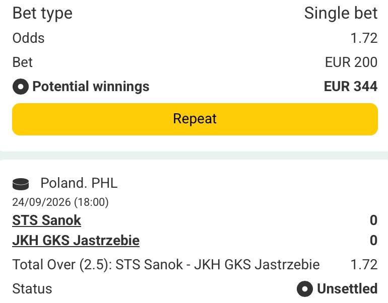 Bet slip for Sanok vs GKS Jastrzebie