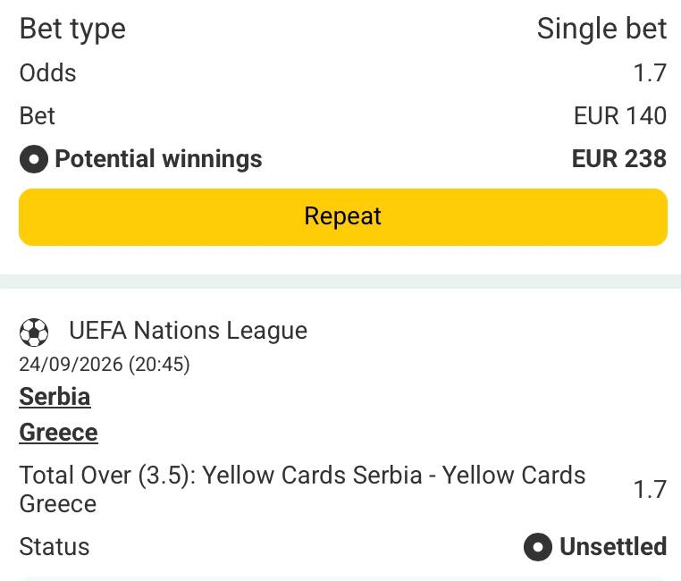 Bet slip for Serbia vs Greece