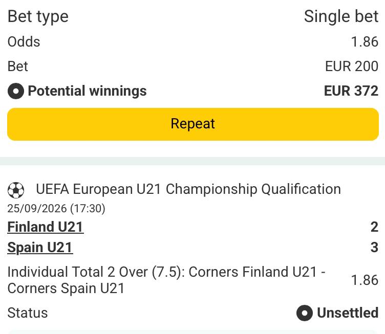 Bet slip for Finland u21 vs Spain u21