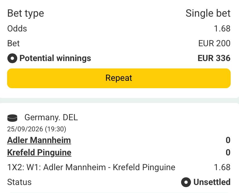 Bet slip for Adler vs Krefeld