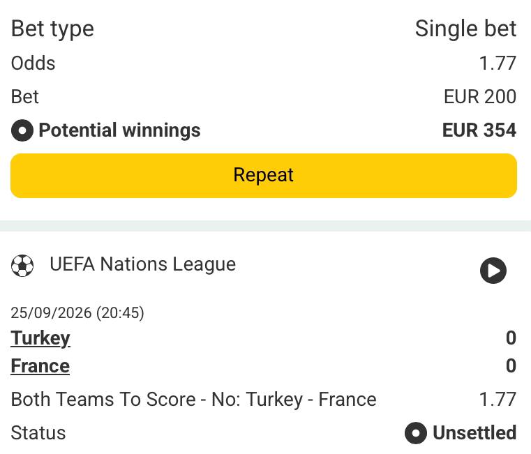 Bet slip for Turkey vs France
