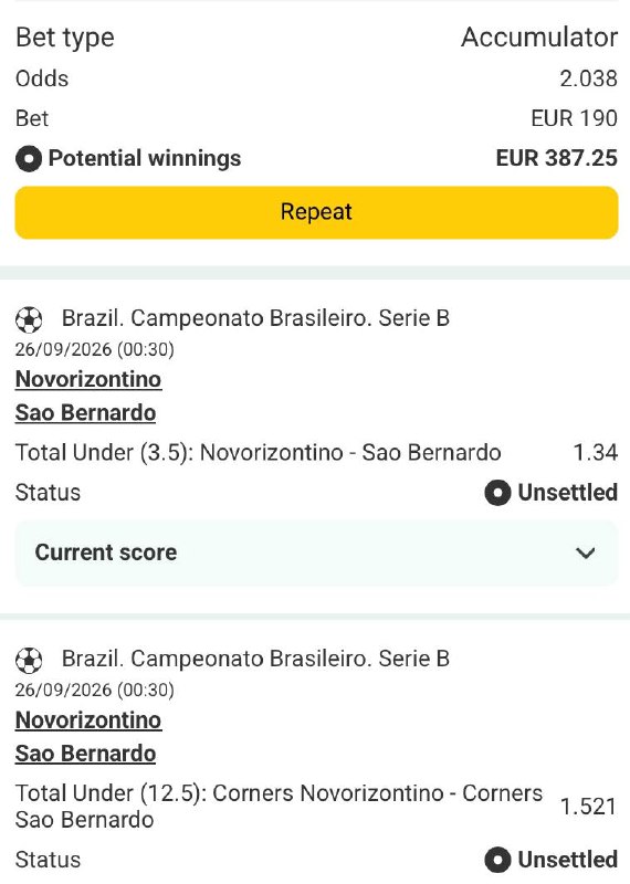 Bet slip for Novorizontino vs Sao Bernardo / Novorizontino vs Sao Bernardo