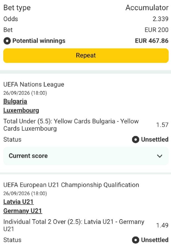 Bet slip for Bulgaria vs Luxembourg / Latvia U21 vs Germany U21