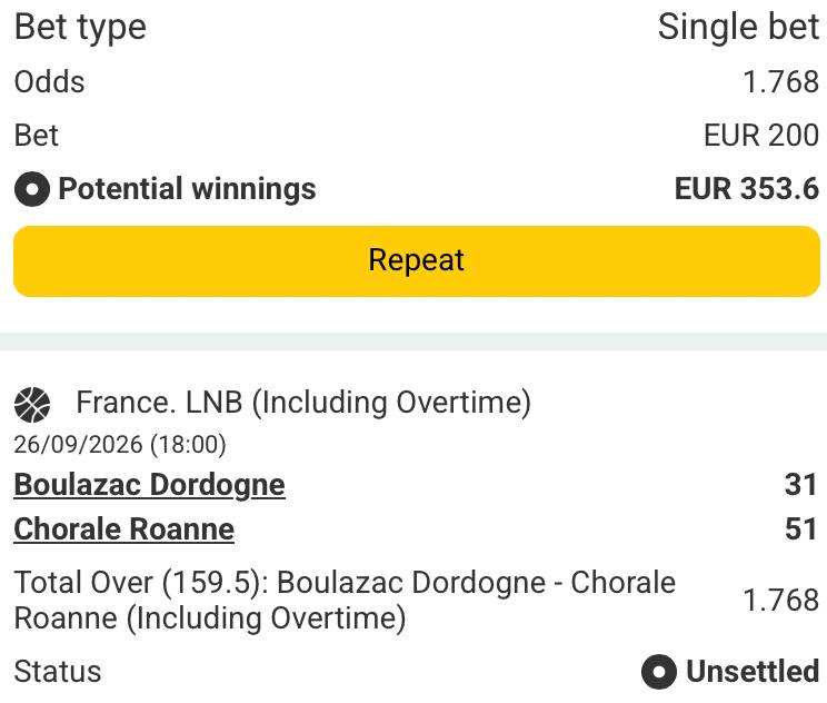 Bet slip for Boulazac vs Roanne