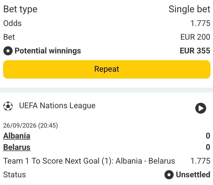 Bet slip for Albania vs Belarus