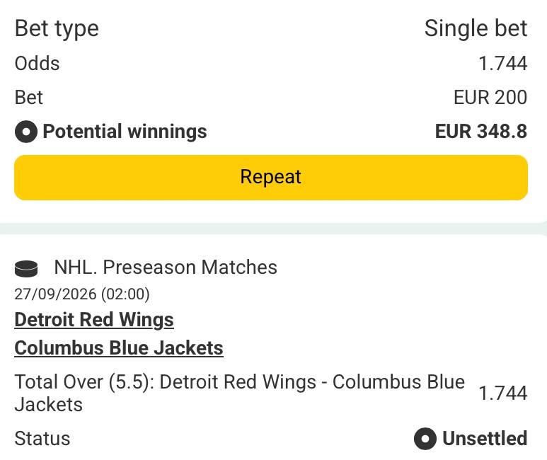 Bet slip for Detroit Red Wings vs Columbus Blue Jackets