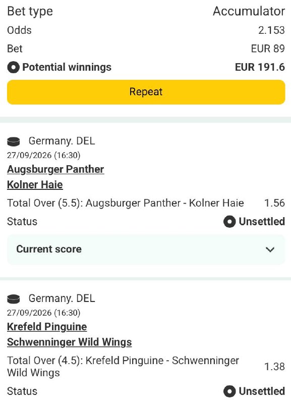 Bet slip for Augsburger Panther vs Kolner Haie / Krefeld Pinguine vs Schwenninger Wild Wings