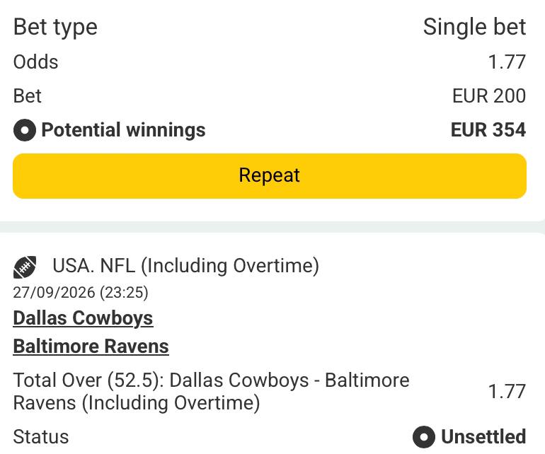 Bet slip for Dallas Cowboys vs Baltimore Ravens
