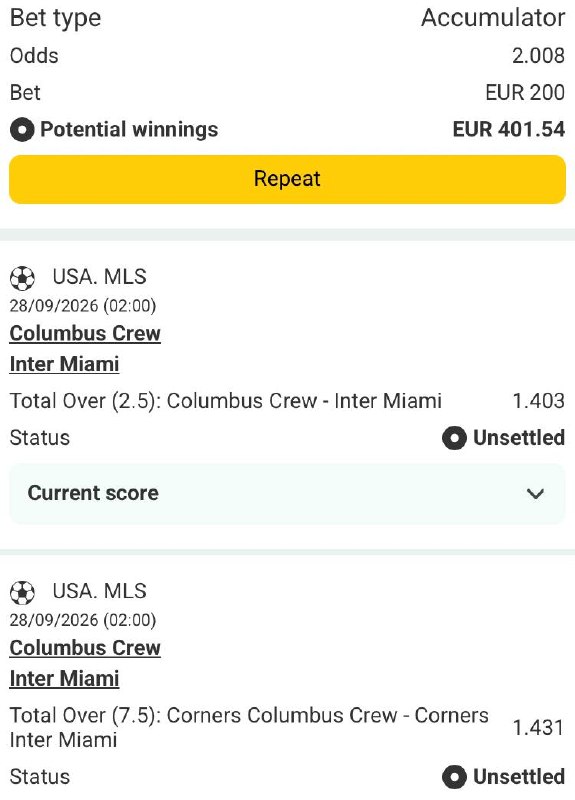 Bet slip for Columbus Crew vs Inter Miami / Columbus Crew vs Inter Miami