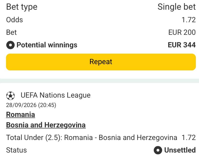 Bet slip for Romania vs Bosnia