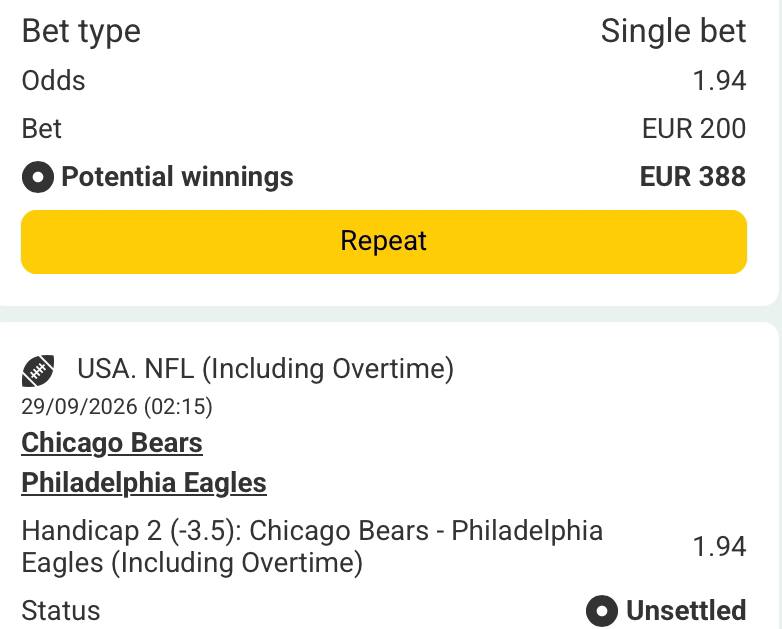 Bet slip for Chicago Bears vs Philadelphia Eagles