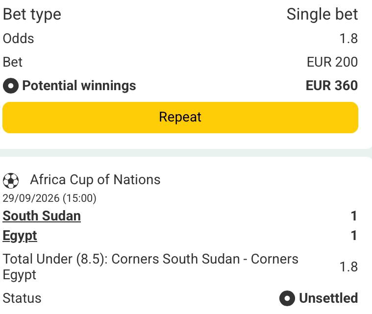 Bet slip for South Sudan vs Egypt