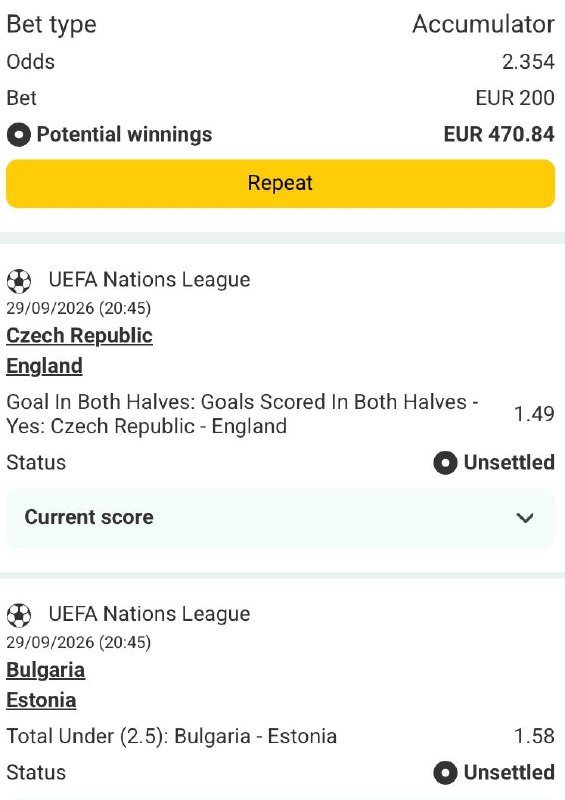Bet slip for Czech Republic vs England / Bulgaria vs Estonia