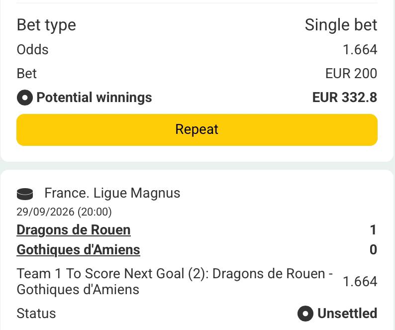 Bet slip for Rouen vs Amiens