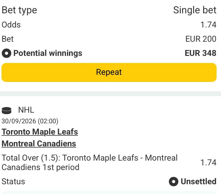 Bet slip for Toronto Maple Leafs vs Montreal Canadiens