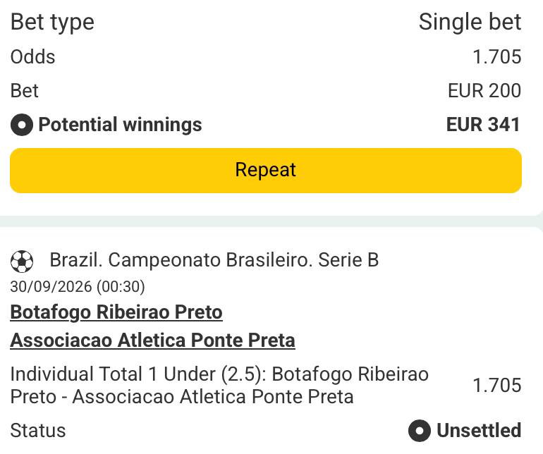Bet slip for Botafogo vs Ponte Preta