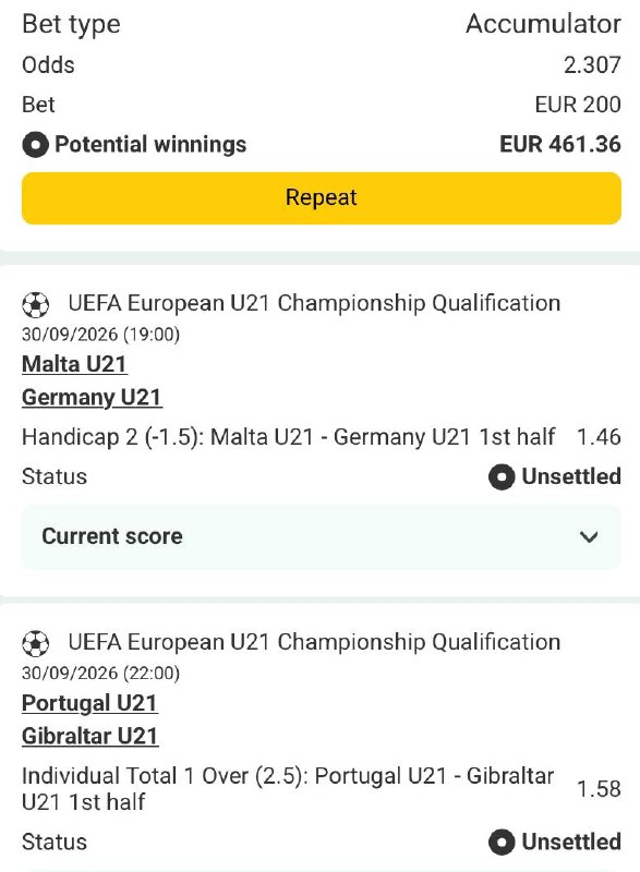Bet slip for Malta U21 vs Germany U21 / Portugal U21 vs Gibraltar U21