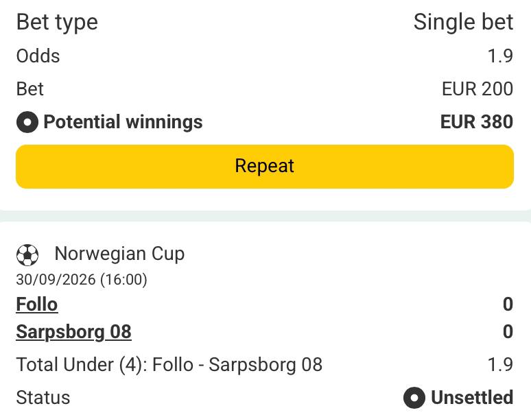 Bet slip for Follo vs Sarpsborg