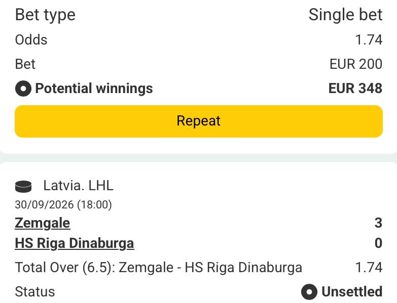 Bet slip for Zemgale vs Dinaburg