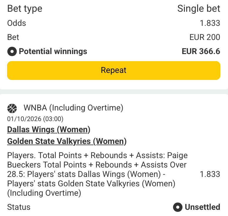Bet slip for Dallas Wings vs Golden State Valkyries