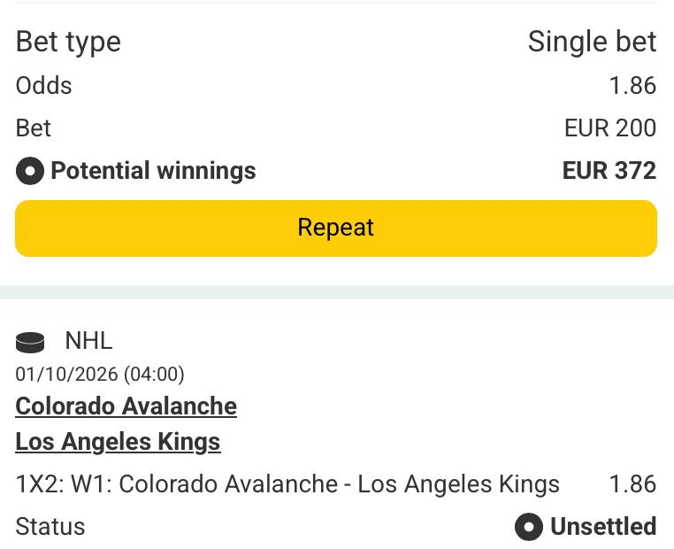 Bet slip for Colorado Avalanche vs Los Angeles Kings