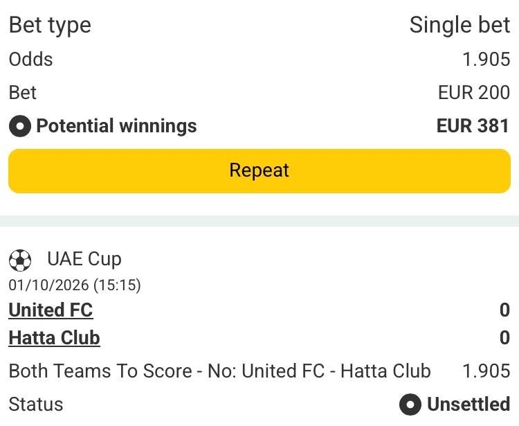 Bet slip for United FC vs Hatta Club