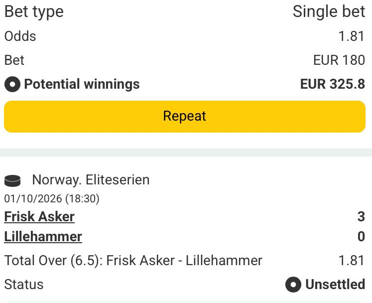 Bet slip for Frisk Asker vs Lillehammer