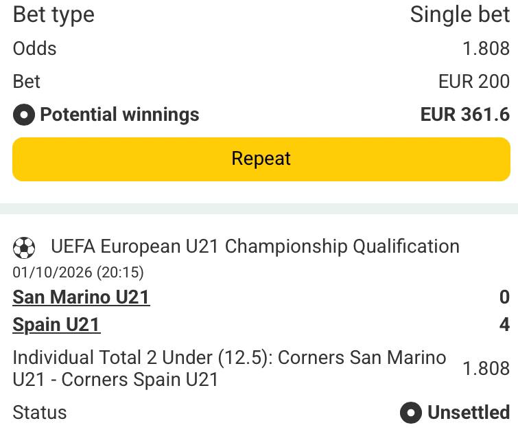Bet slip for San Marino U21 vs Spain U21